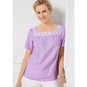 Talbots Top Womens X-Large Linen Blend Square Neck Blouse Butterfly Embroidered